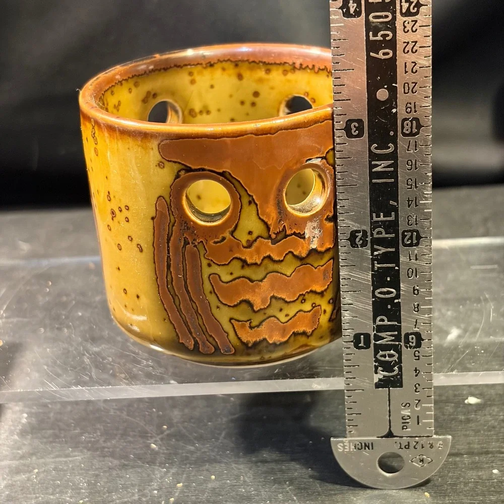 Vintage Ceramic Face Tea Light Candle Holder Speckled Brown Yellow Glaze